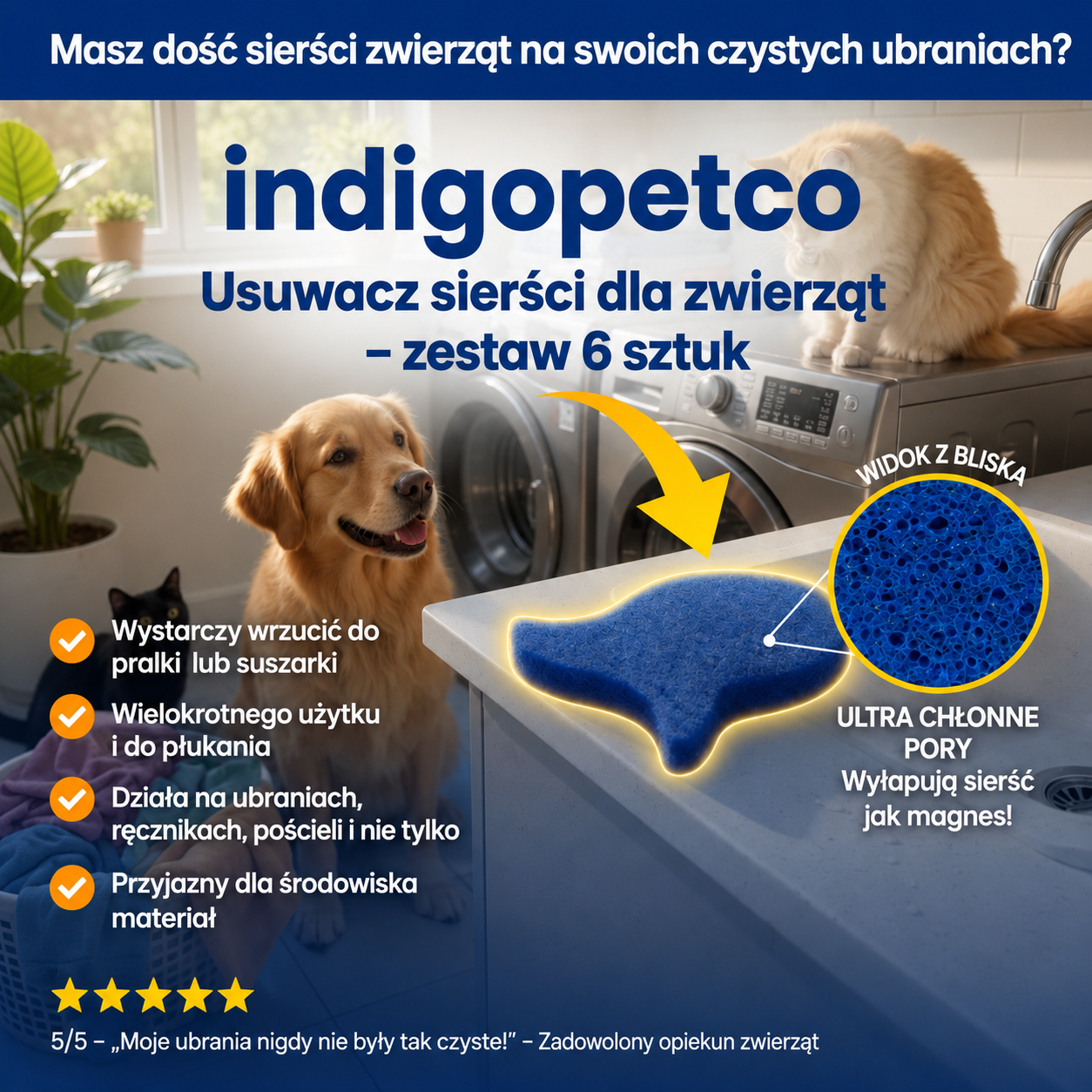 Gąbka do usuwania sierści wielokrotnego uzytku